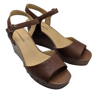 Lucky Brand Zashti Brown Leather Wedge Strappy Studded Open Toe Sandals Size 10